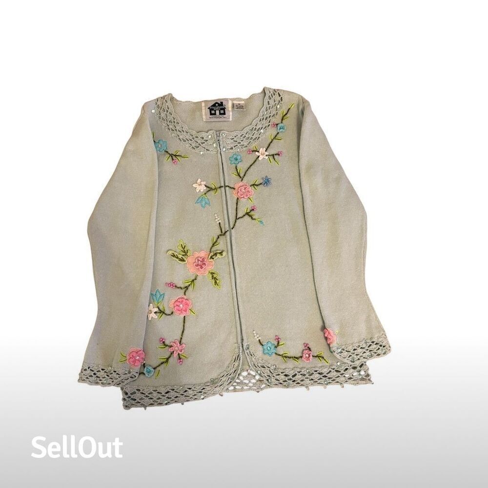 Vintage Storybook Knits Embroidered Floral Cardigan Sweater XS